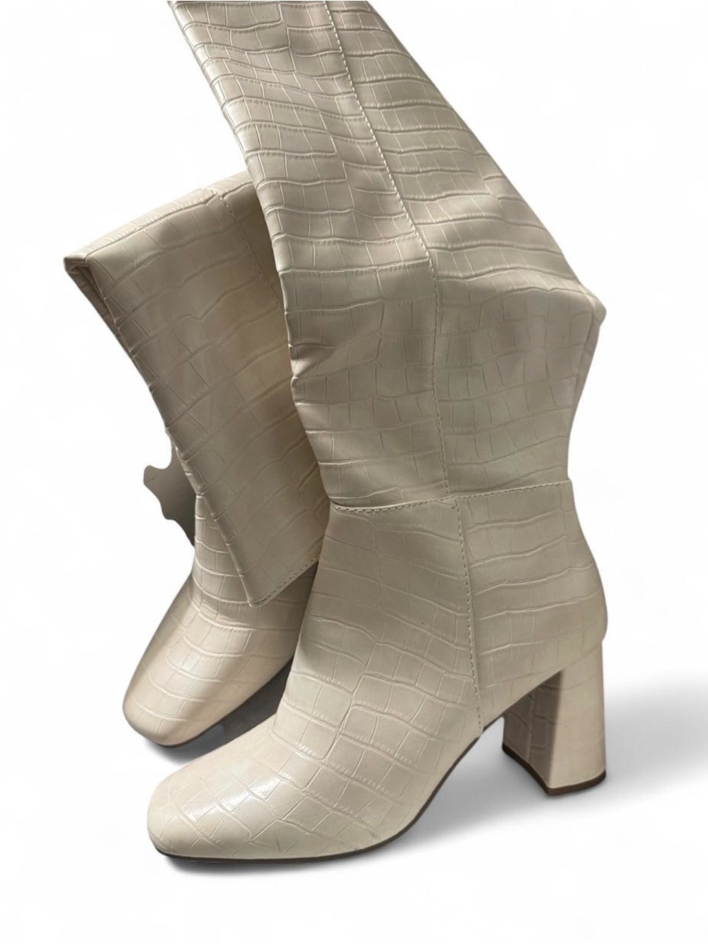 Women's Cream Croc-Embossed Block Heel Boots